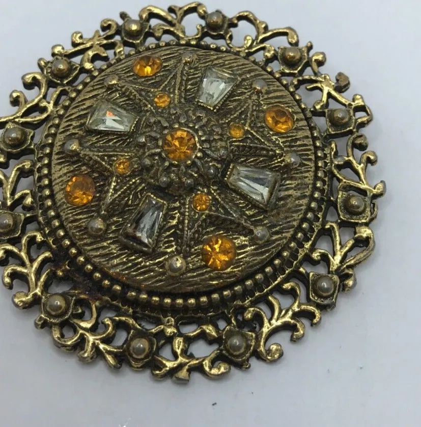 Authentic Vintage Framed Maltese Cross Yellow & Clear Rhinestone Brooch Gold Plated