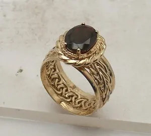 Authentic Sz 7 Technibond Garnet Gemstone  Framed Wheat Ring 14K Yellow Gold Plated Silver