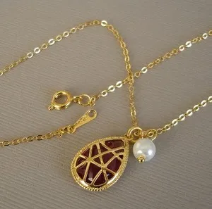 Authentic Ruby Framed Teardrop and Pearl Necklace 18K Gold Plated.