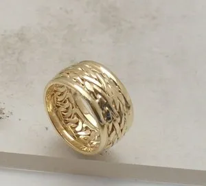 Authentic Size 7 Technibond Bold Framed Wheat Band Ring 14K Yellow Gold Plated Silver