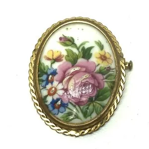 Authentic Vintage 1930s French Limoges Gold Plated Framed Floral Painted Porcelain Brooch