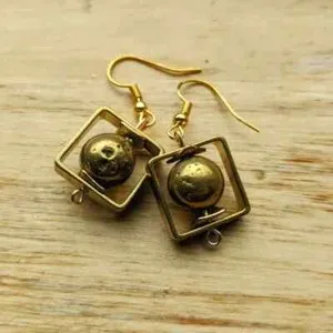Authentic Gold-plated Square-framed Earrings with Gold Metal Beads, Handcrafted