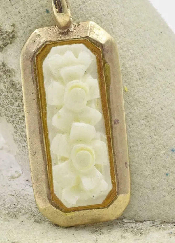 Authentic Vintage NEW OLD STOCK Gold Plated Carved White Coral Small Framed Pendant
