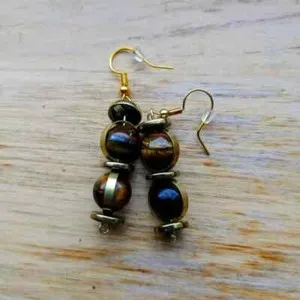 Authentic Gold-plated Layered Circle-framed Brass Earrings with Tigers Eye Stone and Heish