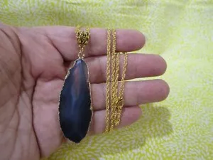 Authentic Gold Framed Agate Slab Pendant w/ Necklace 20" Gold Plated Rope Chain / L