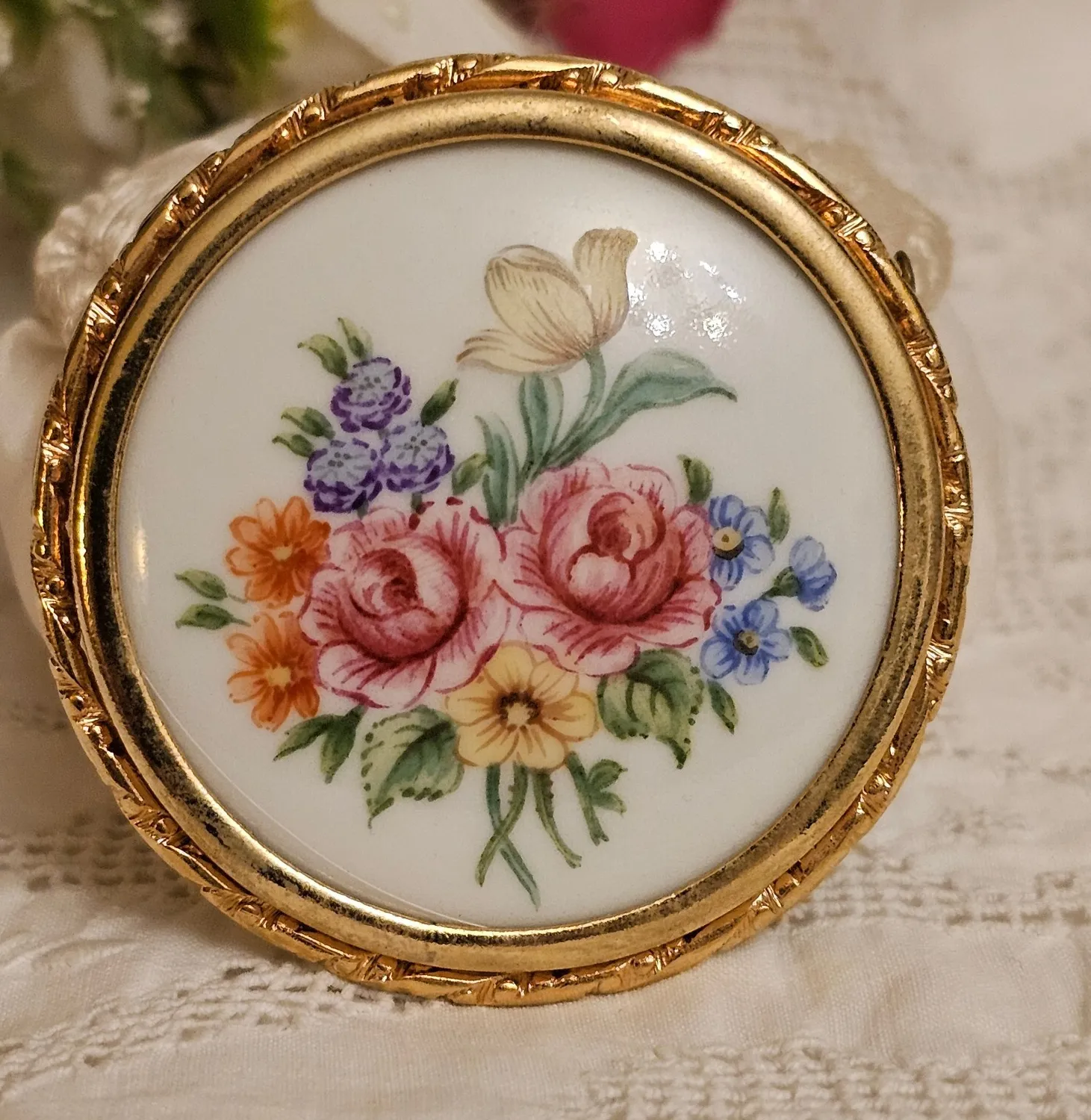 Authentic Vintage 1930s French Carmela Gold Plated Framed Floral Painted Porcelain Brooch