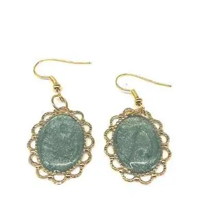 Authentic Gorgeous Framed Beautiful Shade of Green Resin Earrings Gold Plated Wire Hooks