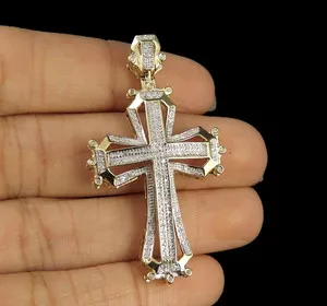 Authentic 2.90Ct Round Cut Lab Created Diamond Framed Cross Pendant 14K Yellow Gold Plated