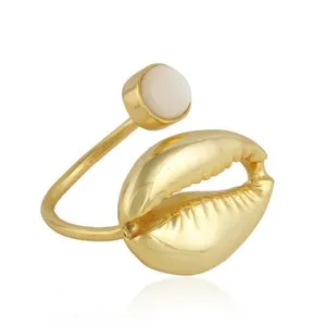 Authentic Mother Of Pearl Gemstone 925 Silver Gold Plated Cowrie Design Summer Ring