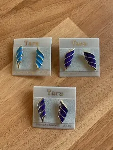 Authentic Vintage 1980s Tara Enamel Gold Plated Stud Earrings Set of 3 Purple Blue