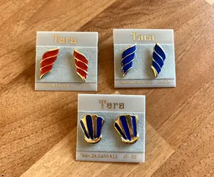 Authentic Vintage 1980s Tara Enamel Gold Plated Stud Earrings Set of 3 Red Blue