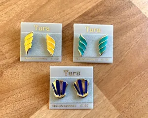 Authentic Vintage 1980s Stud Earrings X 3 Enamel Gold Plated Tara Blue Yellow Green