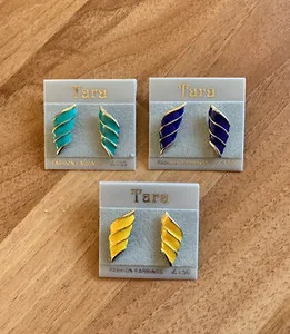 Authentic Vintage 1980s Stud Earrings X 3 Enamel Gold Plated Tara New Green Purple Yellow