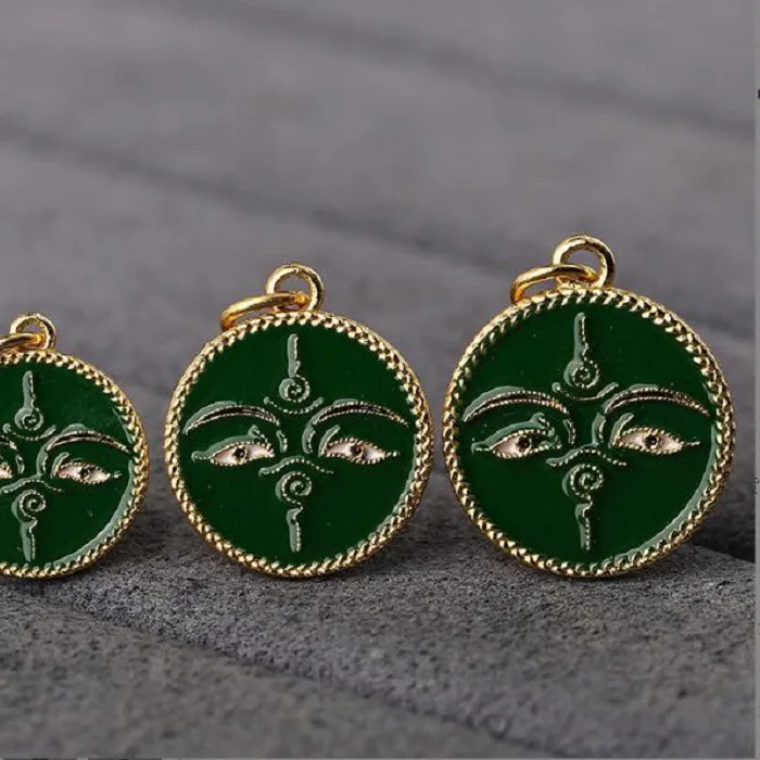 Authentic Tibetan Buddha Wisdom Eyes Small Pendant 100% 925 Silver Gold Plated Green Tara Word Good Luck Amulet
