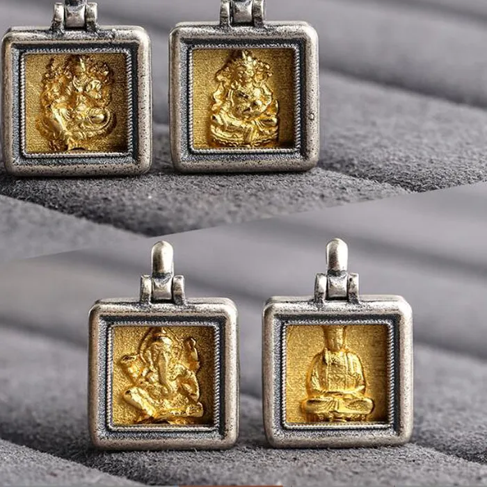 Authentic 100% 925 Silver Gold Plated Tibetan  Jambhala Tara Ganesh Ksitigarbha Buddha Amulet Charm