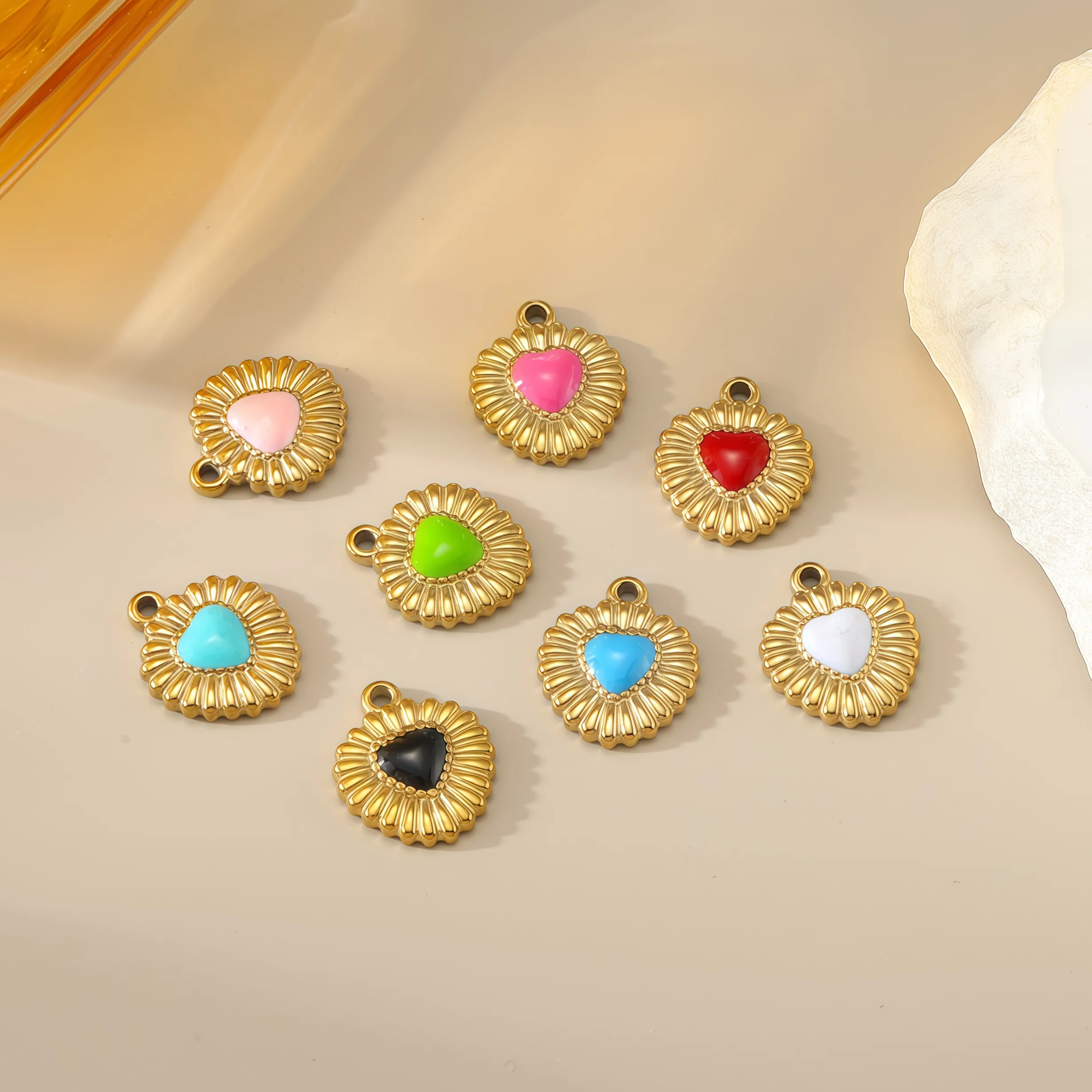 Authentic HIYEE10Pcs Gold Tone Floral Frame Enamel Heart CharmsVibrant Pendant for Jewelry Making, DIY Crafts, Earrings8 Colors Available