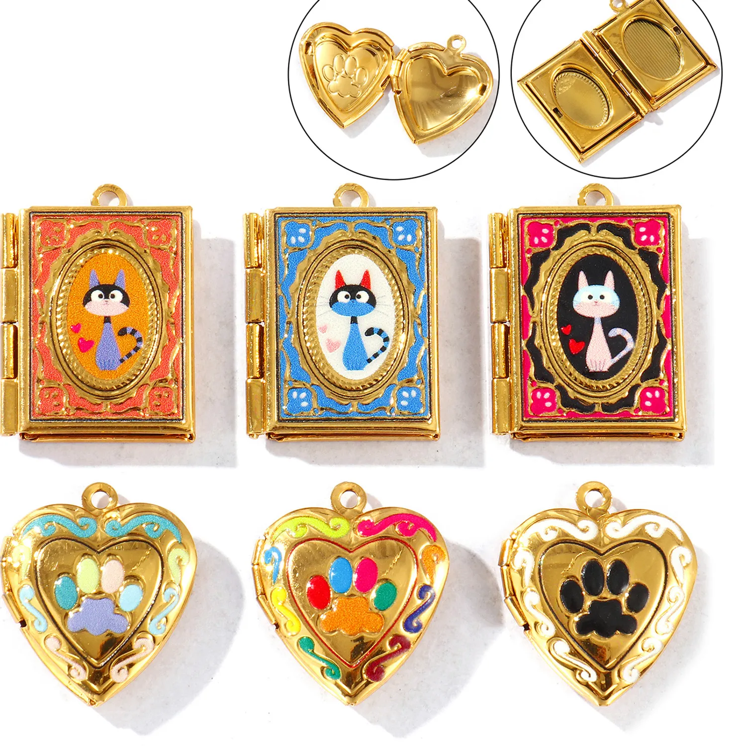 Authentic 1 Piece 304 Stainless Steel Pet Memorial Can Open Picture Photo Locket Frame Pendants 18K Gold Plated Enamel Charms DIY Necklace