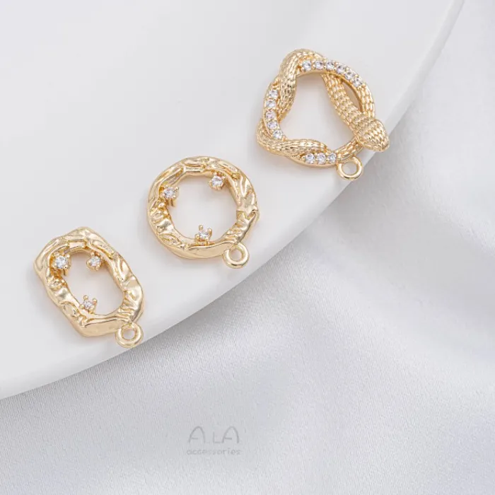 Authentic 14K Gold Plated Zircon Rectangle & Round Frame Pendants Python Pattern Ring Charms DIY Necklace Earrings Jewelry