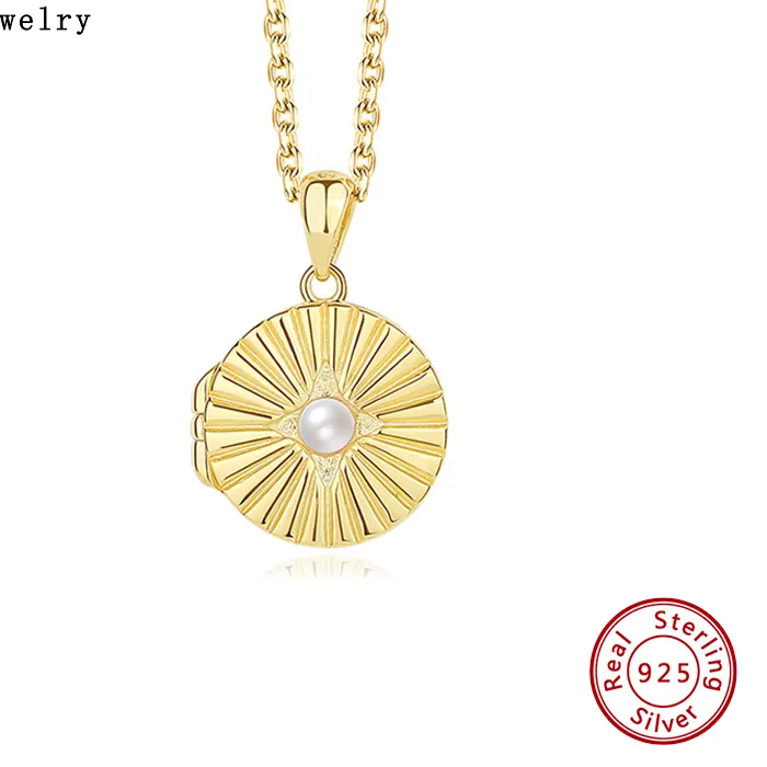 Authentic Fine Jewelry Trendy 18K Gold Plated 925 Sterling Silver Charms Shell Pearl Opal Frame Locket Pendant Necklaces for Women