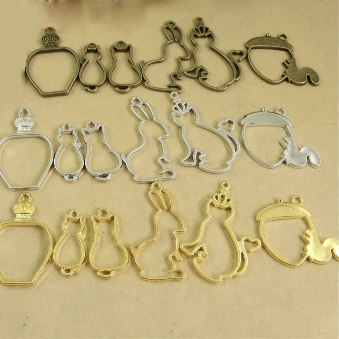 Authentic 10pcs/lot animals bottle shape magic bar Metal Frame Pendant Gold Charm Bezel Setting Cabochon UV Resin Charm jewelry Findings B