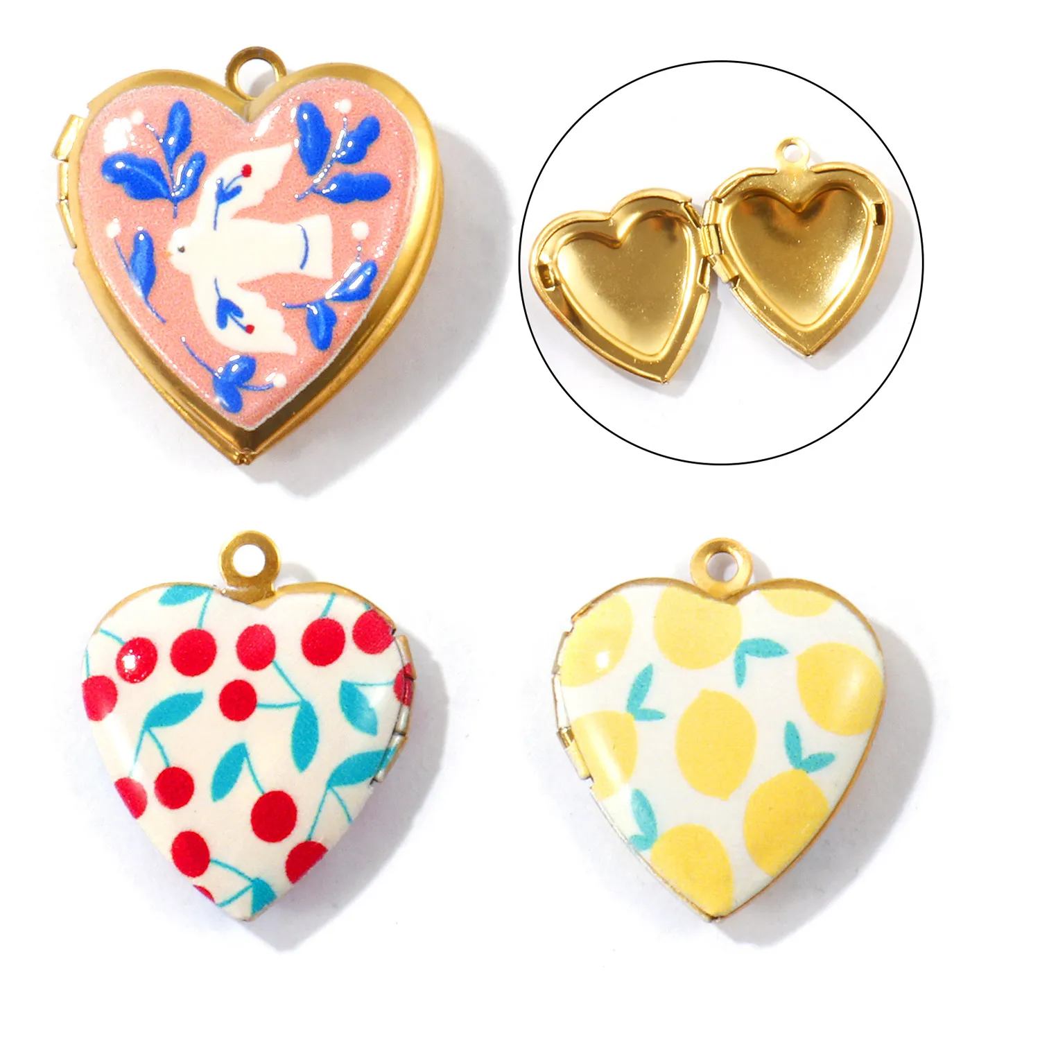 Authentic 2pcs Stainless Steel Valentine's Day Picture Photo Locket Frame Pendants Gold Plated Heart Printed Charms DIY Necklace Jewelry