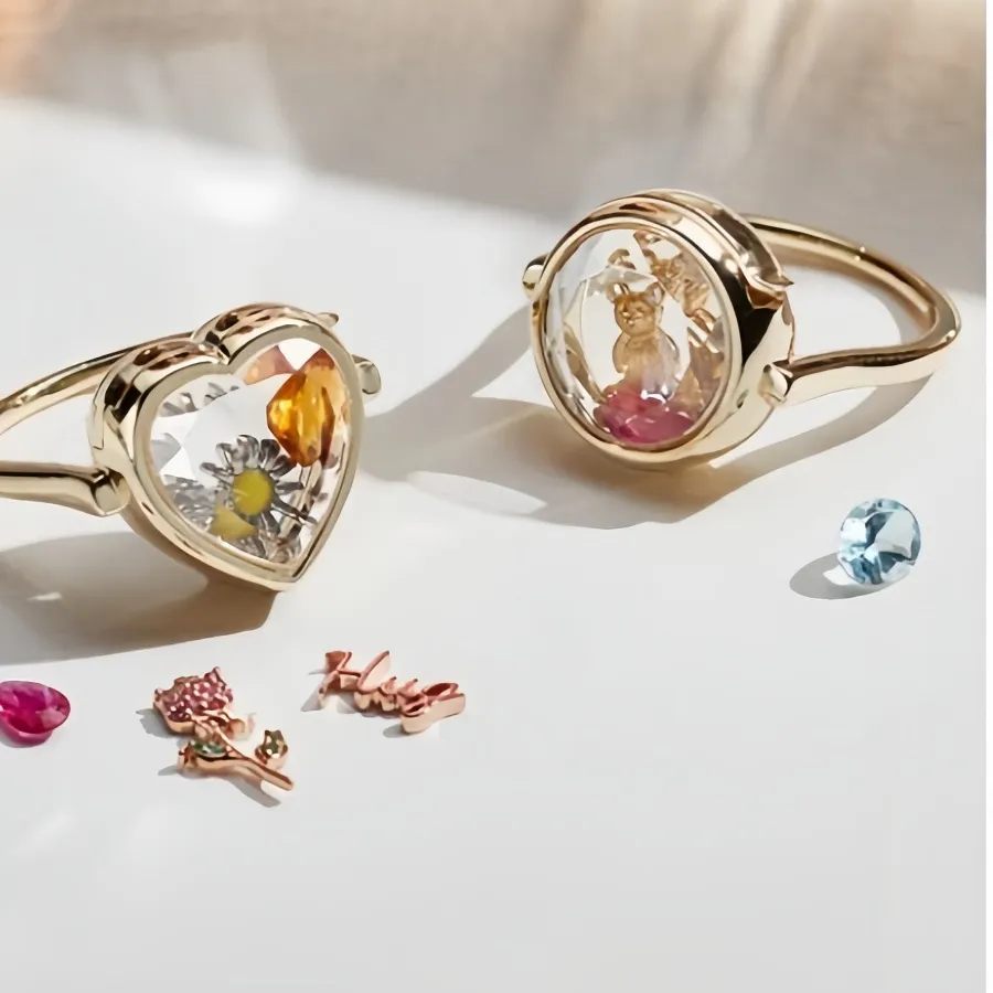 Authentic Openable Glass Charm Ring, Gold Plated Heart/Circle Frame with Floral/Bear Scene, Unique Aesthetic Daily Statement Jewelry