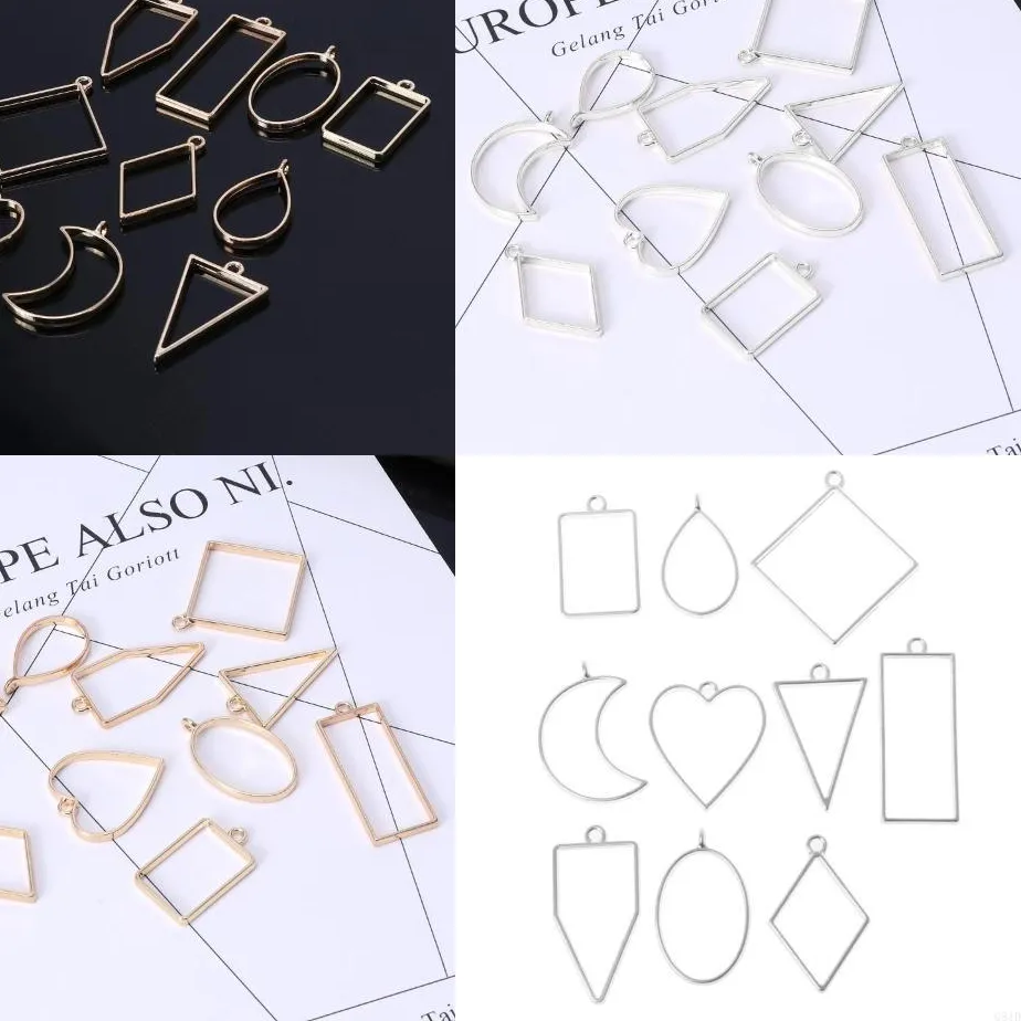 Authentic 10Pcs Geometric Hollow Bronze Gold Silver Charms Pendant UV Resin Crafts Blank Frame For DIY Necklace Jewelry Making