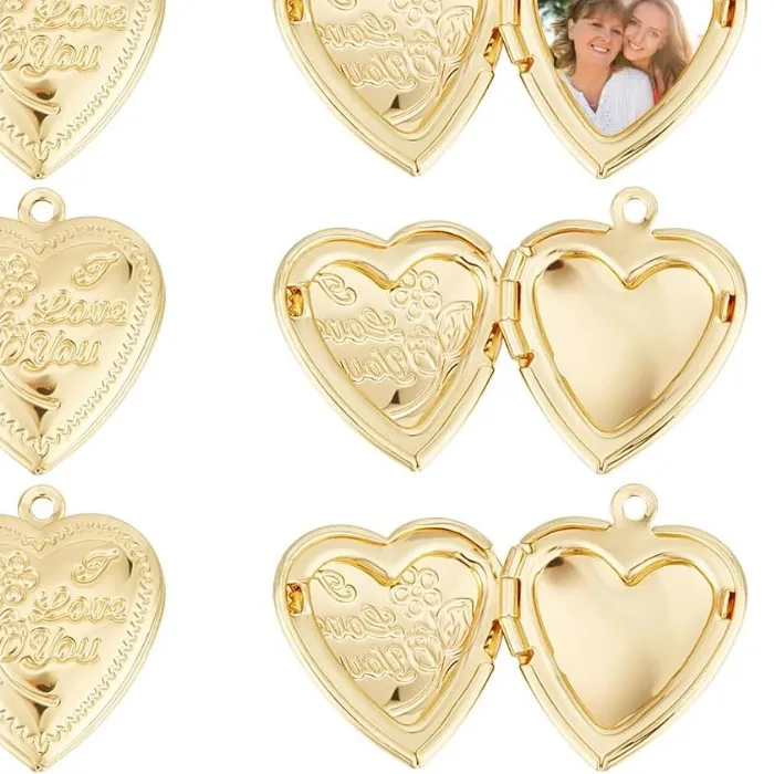 Authentic 1 Box Heart/Scallop/Ribbon/Book Photo Frame Pendant Charms 18K Gold Plated Photo Locket Charms with Loop for Jewelry Making