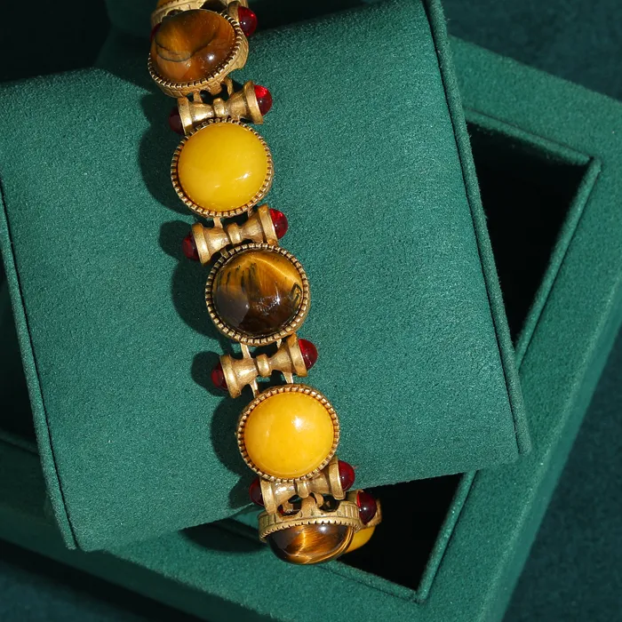 Authentic Vintage Tiger Eye Stone Bracelet Natural Honey Wax Yellow Bamboo Knot 18k Gold Color Bangle Jewelry Antique Accessories For Wome