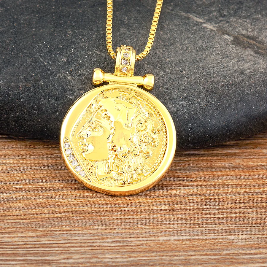 Authentic Aibef Roman Figure Relief Coin Pendant Gold Color Necklace Jewelry Accessories Exquisite Sweater Chain