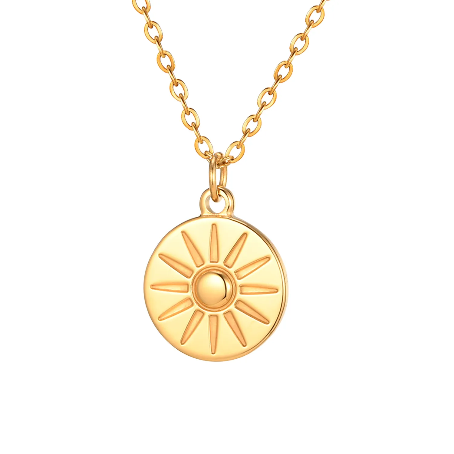 Authentic Sun Coin Pendant Necklace for Women, 18k Gold Plated Medallion Pendant Jewelry