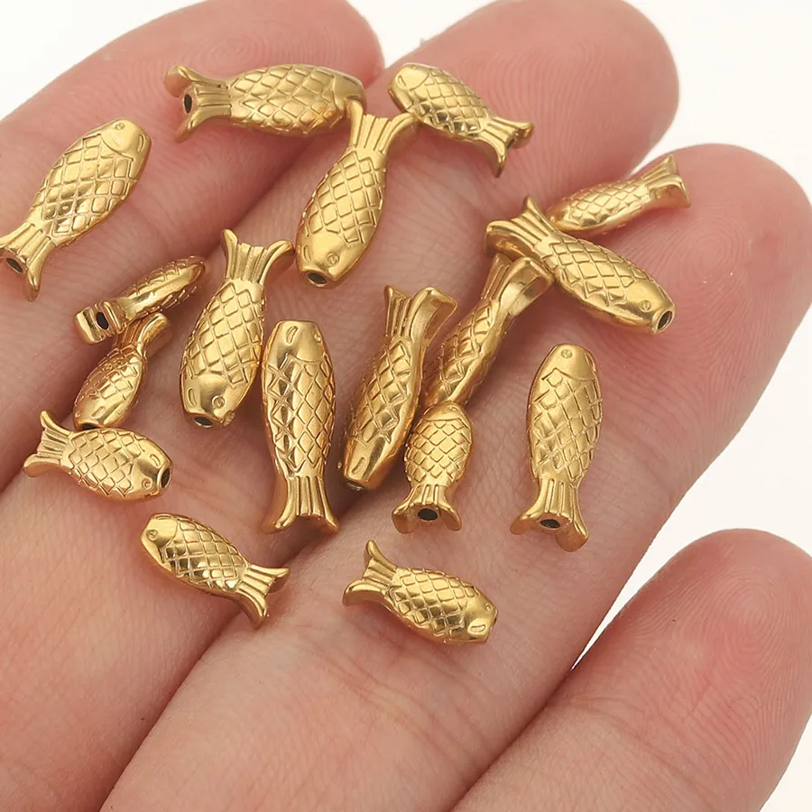 Authentic 5PCS Stainless Steel Fish Charm Spacer Beads for Bracelets Needlework PVD Gold Plated Metal Necklace Jewelry Making Wholesale