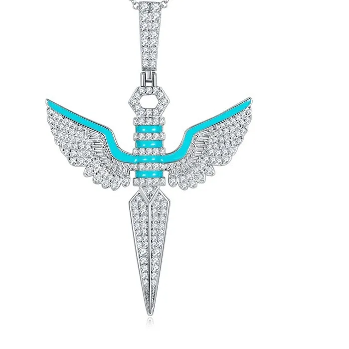 Authentic S925 Silver Enamel Wing Darts Moissanite Pendatn Necklace for Women Men Jewelry White Gold Plated Charm Necklaces Pass Tester