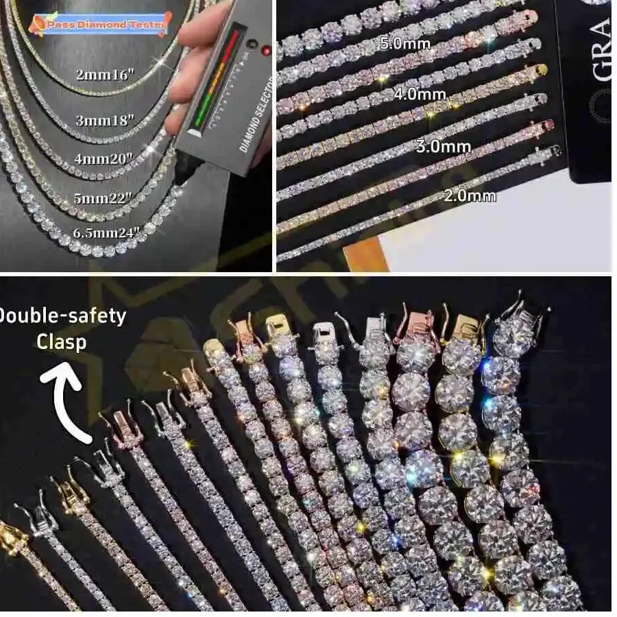 Authentic Fashion Pass Diamond Tester RTS Hip Hop Jewelry Charms Iced Out 2.0mm-6.5mm Lab Diamond 925 Silver VVS Moissanite Tennis Chain N