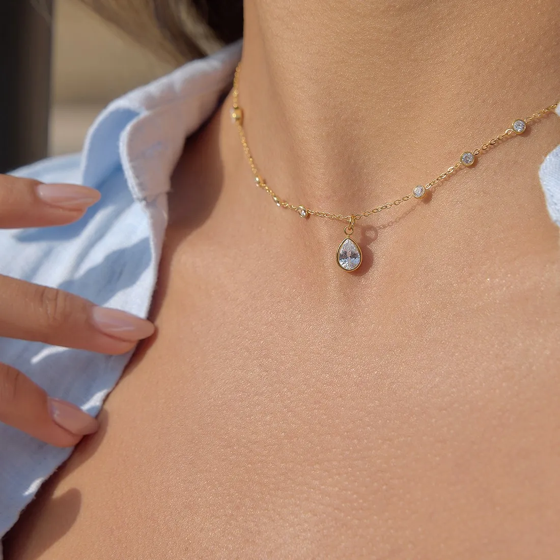 Authentic Shiny Zircon Droplet Overlay Necklace 18k Gold Plated Stainless Steel Water Drop Clavicle Charm For Women's Minimalist Choker