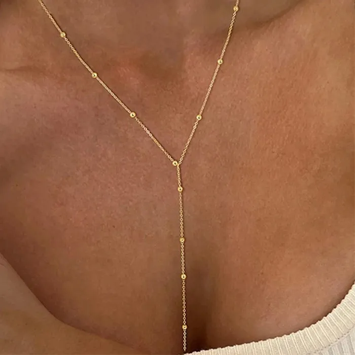 Authentic Vintage Gold Color Long Chain Drop Necklaces for Women Simple Metal Geometric Bead Tassel Choker Party Aesthetics Jewelry