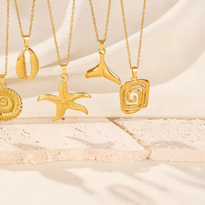 Authentic Marine Animal Conch Starfish Pendant Stainless Steel Necklaces For Women Men Jewelry Real Gold Plated Classic Fish Tail Choker