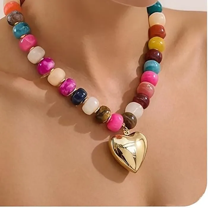 Authentic Bohemian Colorful Chunky Resin Beaded Necklace for Women Y2K Trendy Gold Color Puffy Heart Pendant Choker Summer Beach Jewelry
