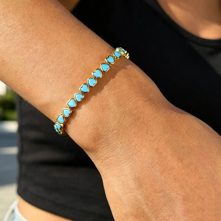 Authentic 2026 Gold Color Plated Summer Jewelry Blue Turquoises Heart Shaped Stone Tennis Chain Women Bracelet