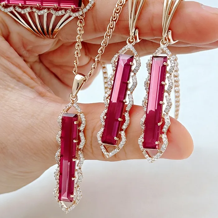 Authentic Kinel Shiny Long Square Red Natural Zircon Ring Earrings Necklace 585 Rose Gold Color Jewelry Sets
