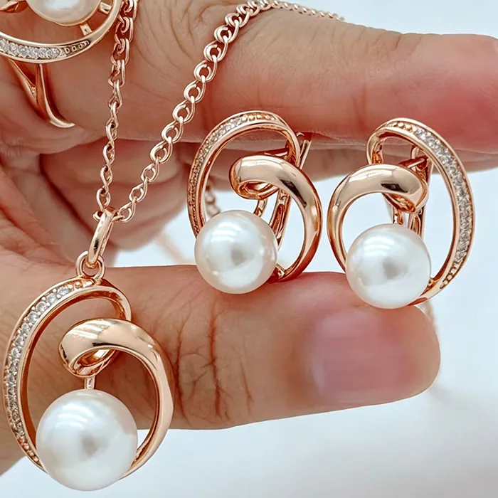 Authentic Sacred Geometry Pearl Bridal Set - Rose Gold Vintage Charm