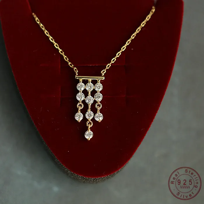 Authentic French Luxury S925 Sterling Silver Plated 14K Gold Necklace Gorgeous Vintage Tassel Zircon Pendant Necklace for Women Jewelry