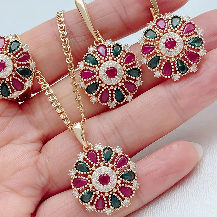 Authentic Kinel Hot Ethnic Bride Crystal Flower Necklace Earring Ring for Woemn 585 Rose Gold Color Natural Zircon Jewelry Sets