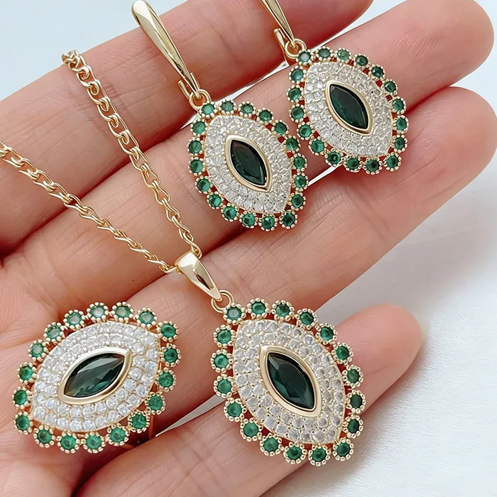 Authentic Kinel Hot Shiny Rhombus Green Natural Zircon Ring Earrings Necklace for Women Trend 585 Rose Gold Color Daily 3pcs Jewelry Sets