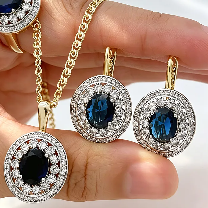 Authentic Kinel Hot Oval Blue Natural Zircon Ring Earrings Necklace Plated Real 14K Gold Silver Color Mix Daily Women Vintage Jewelry Stes