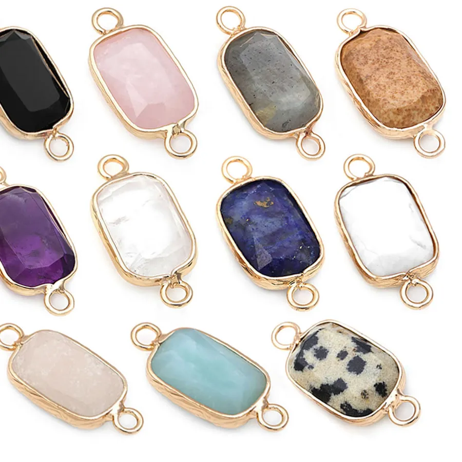Authentic 2PCS 18K Gold Color Natural Stone 2 Holes Rectangle Connect Charms Pendants High Quality Necklace Earrings Jewelry Accessories