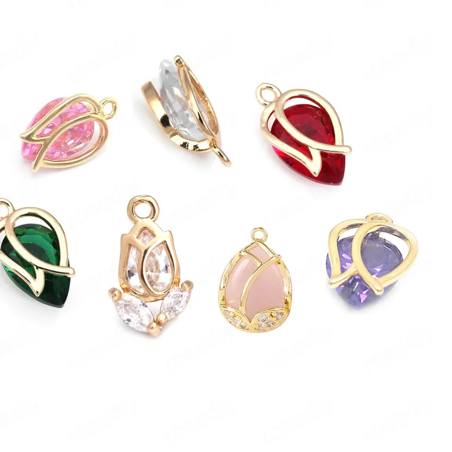 Authentic 18K Gold Color Zircon Tulip Flower Charms Pendants Jewelry Making High Quality Necklaces Earrings Findings Diy Accessories