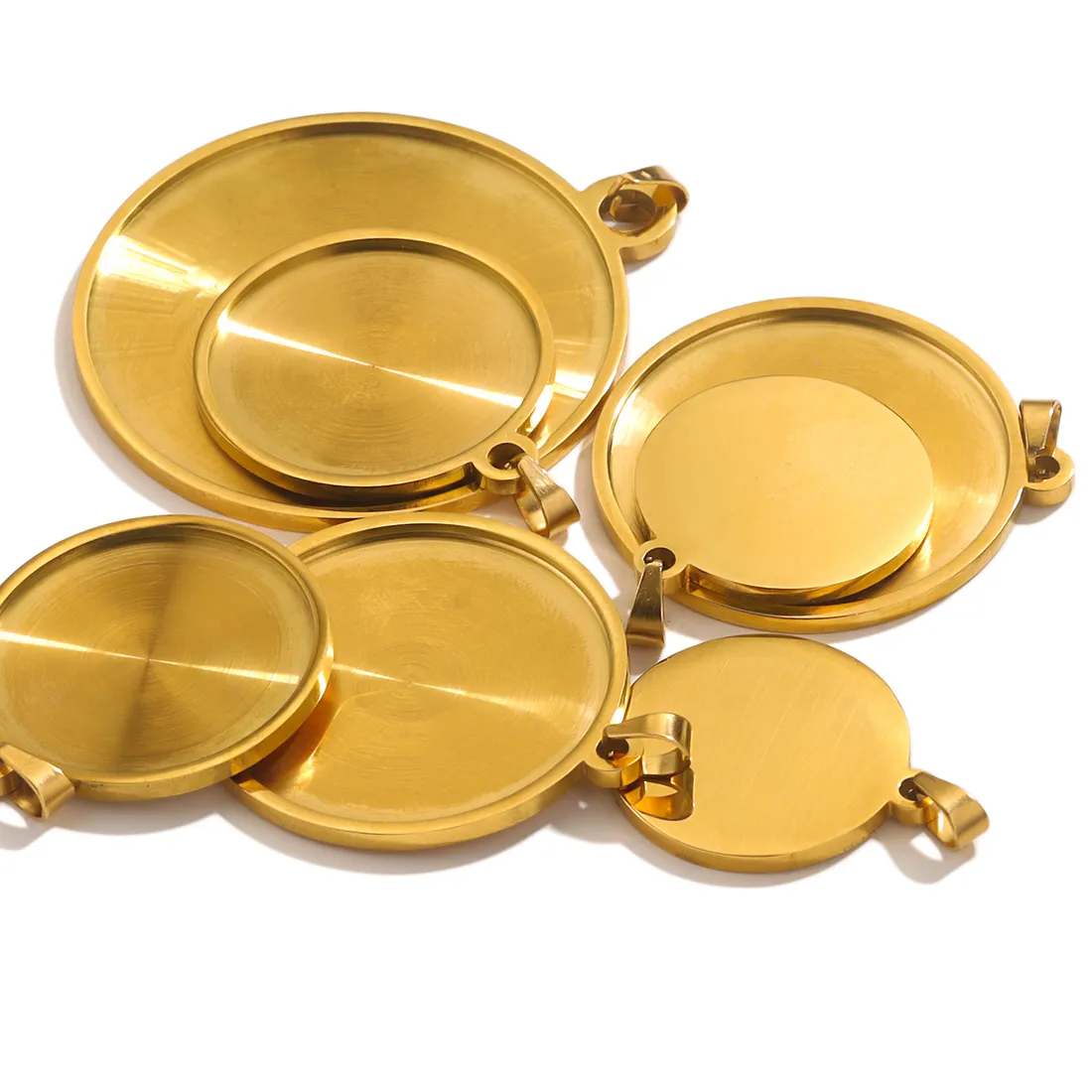 Authentic 5pcs Burnish Stainless Steel Blank Cabochon Base Setting Charms Pendant PVD 18K Gold 20 25 30 40mm  Jewelry Making Supplies