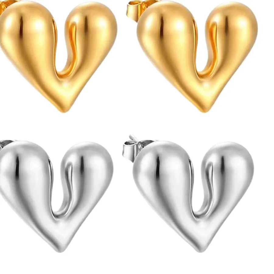 Authentic Stainless Steel Irregular Heart Earrings Gold Color Geometric Texture Statement Jewelry Metal Texture Charm Design