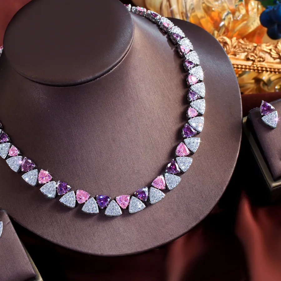 Authentic ThreeGraces Exquisite Luxury Pink Purple Zirconia Triangle Shape Bridal Wedding Evening Party Jewelry Set for Women T1090